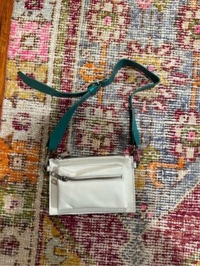 White Leather Crossbody Bag with Teal Strap
